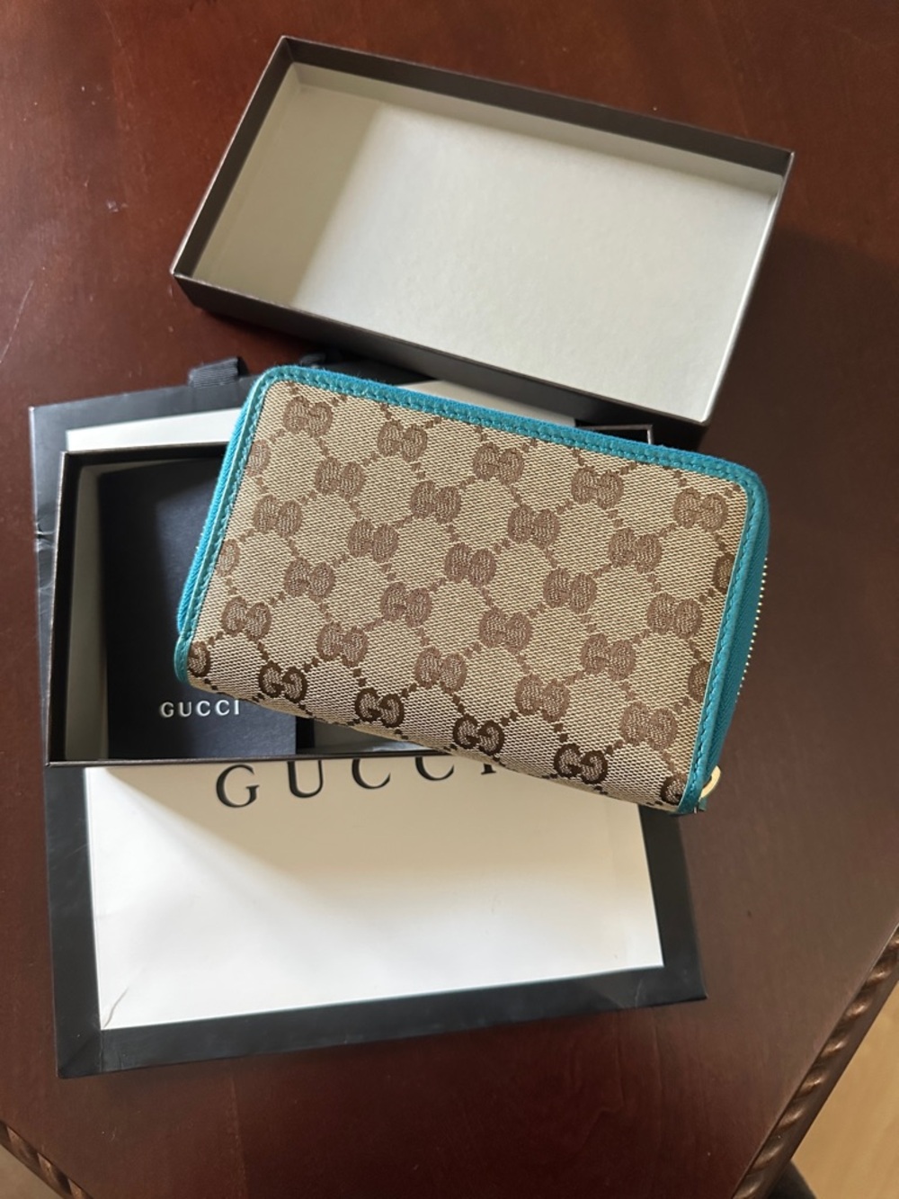 Gucci Beige Monogram Zip Wallet with Teal Trim